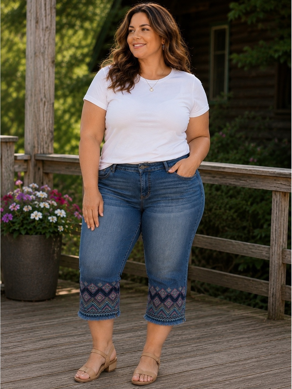 Embroidered Boho Capri Jeans Plus Size 18W Stretch Frayed Hem